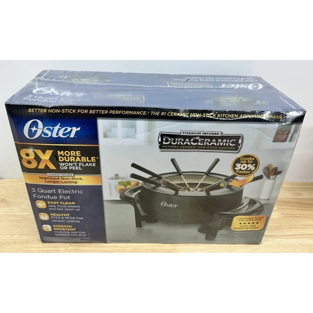 Oster DuraCeramic Electric Fondue Pot Set 3 Quart 8 Forks Titanium Infused